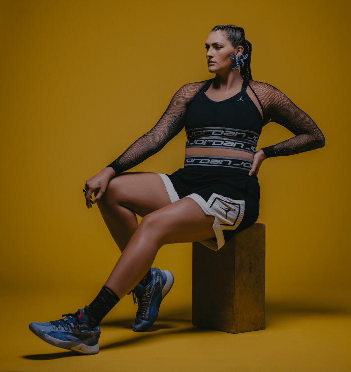 Stefanie Dolson models Jordan Brand basketball apparel.